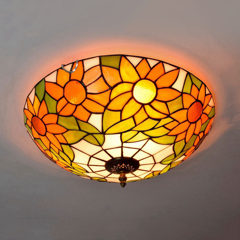 Blue/White Sunflower Tiffany Stained Glass Flush Mount Ceiling Light With 2/3 Bulbs - 12/16 W
