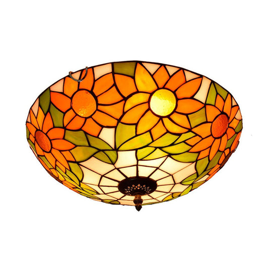 Blue/White Sunflower Tiffany Stained Glass Flush Mount Ceiling Light With 2/3 Bulbs - 12’/16’ W