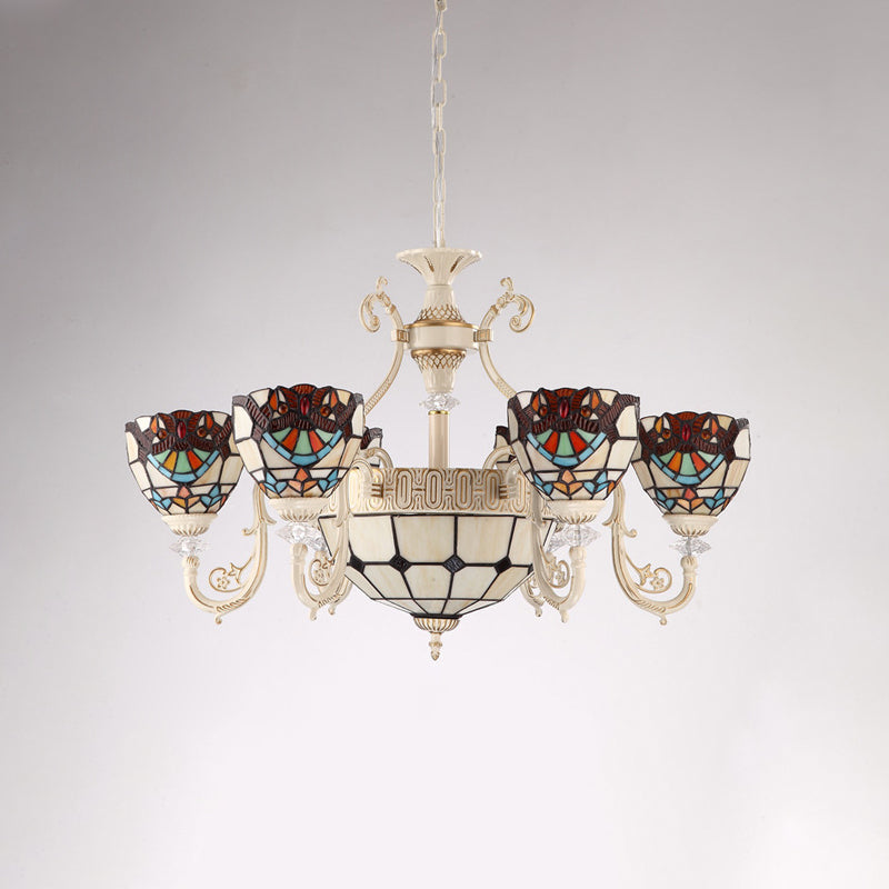 Mediterranean Cream 6-Light Ceiling Chandelier With Stained Glass Shade For Living Room