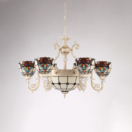 Mediterranean Cream 6-Light Ceiling Chandelier With Stained Glass Shade For Living Room