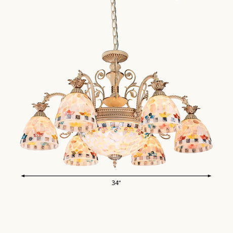 White And Gold Stained Glass Mosaic Chandelier - Tiffany Inspired Hanging Lamp Kit (9/11 Lights)
