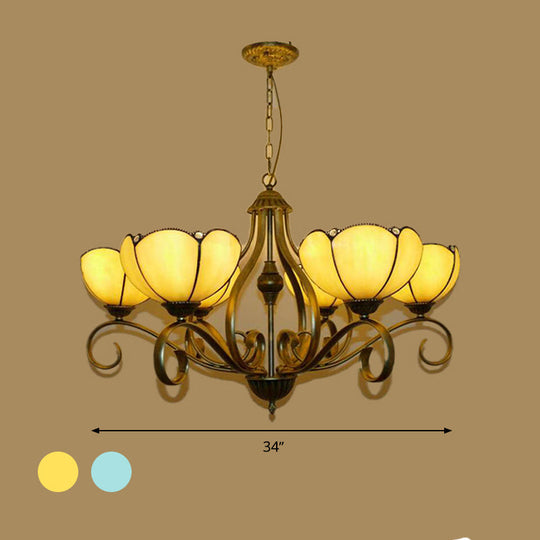 Scalloped Tiffany Chandelier: Yellow/Blue Stained Glass 3/6/8 Lights Hanging Fixture