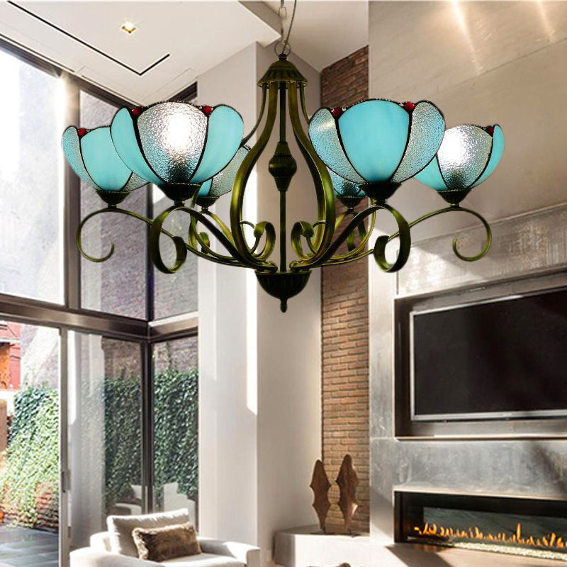 Scalloped Tiffany Chandelier: Yellow/Blue Stained Glass 3/6/8 Lights Hanging Fixture 6 / Blue