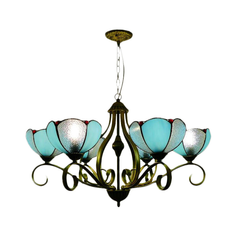 Scalloped Tiffany Chandelier: Yellow/Blue Stained Glass 3/6/8 Lights Hanging Fixture