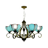 Scalloped Tiffany Chandelier Lamp - Yellow/Blue Stained Glass Fixture With 3/6/8 Lights
