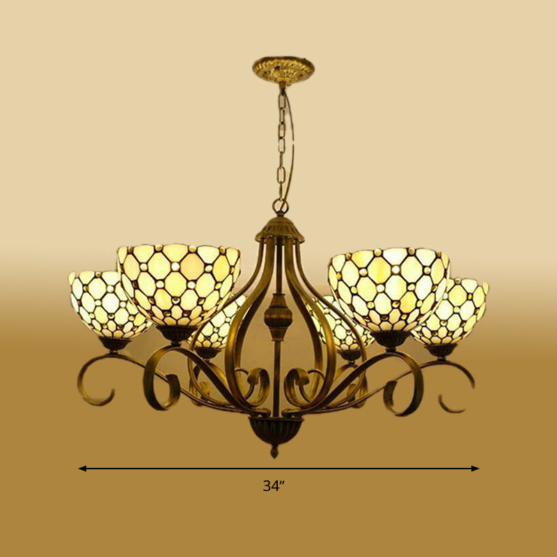 Mediterranean Stained Glass Pendant Chandelier With Jeweled Beige Finish - Available In 3 Sizes And