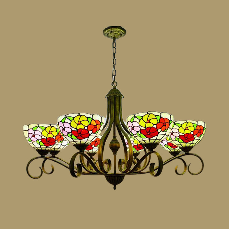 Mediterranean Stained Glass Ceiling Chandelier With Flower Design - Antique Brass Pendant Light