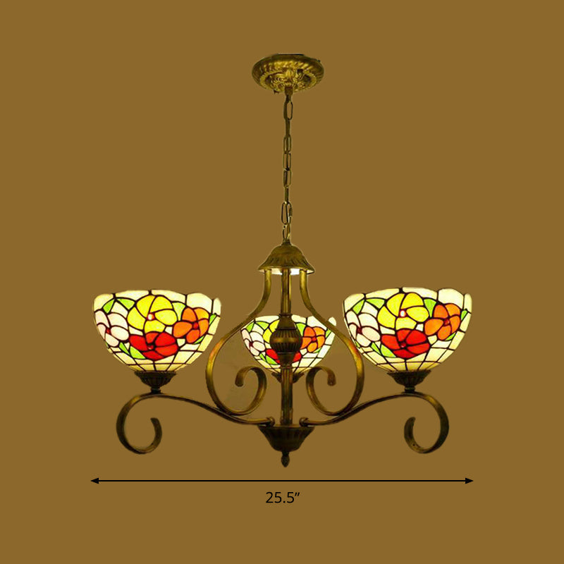 Mediterranean Stained Glass Ceiling Chandelier With Flower Design - Antique Brass Pendant Light