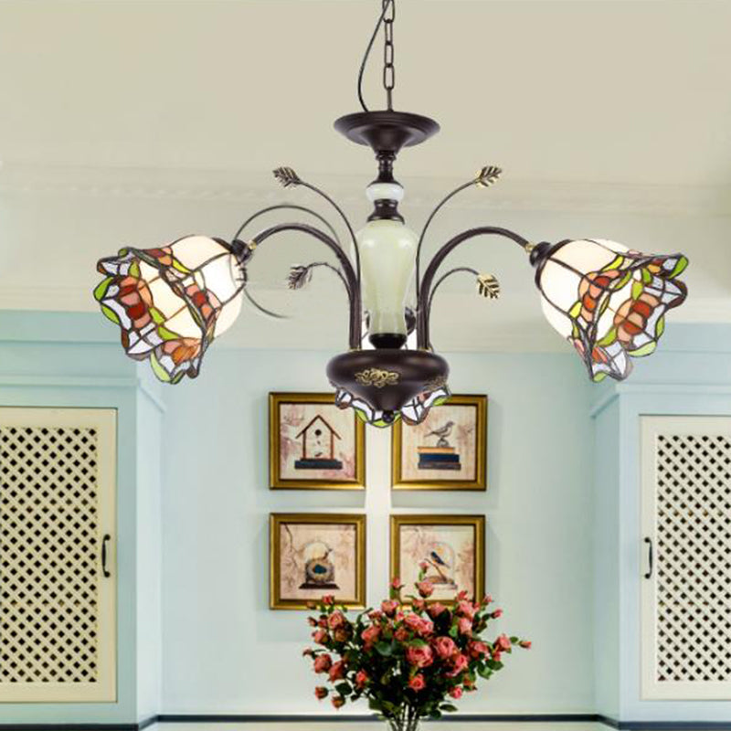 Tiffany Style Art Glass Pendant Chandelier With Floral Design & Bronze Finish For Bedroom - 3/6/8