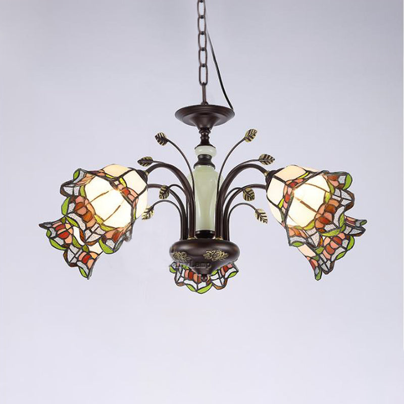Tiffany Style Art Glass Pendant Chandelier With Floral Design & Bronze Finish For Bedroom - 3/6/8