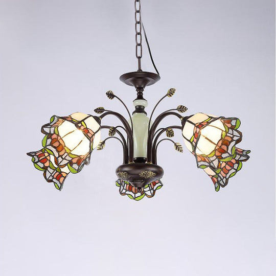 Tiffany Style Art Glass Pendant Chandelier With Floral Design & Bronze Finish For Bedroom - 3/6/8