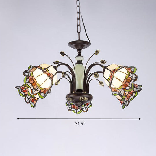 Tiffany Style Art Glass Pendant Chandelier With Floral Design & Bronze Finish For Bedroom - 3/6/8