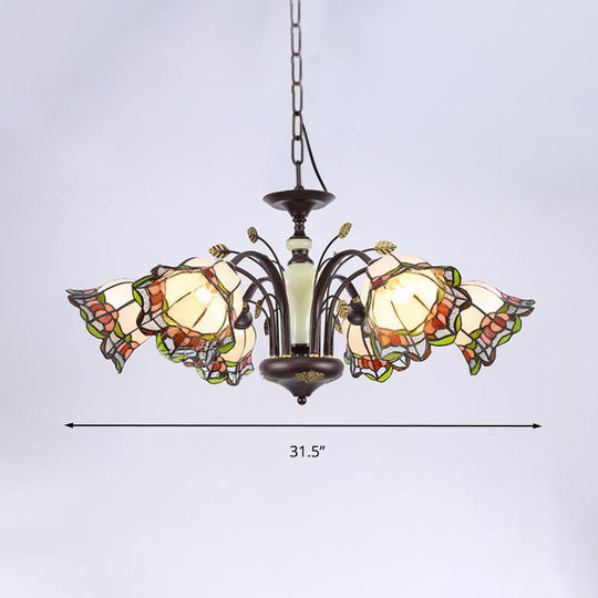Tiffany Style Art Glass Pendant Chandelier With Floral Design & Bronze Finish For Bedroom - 3/6/8