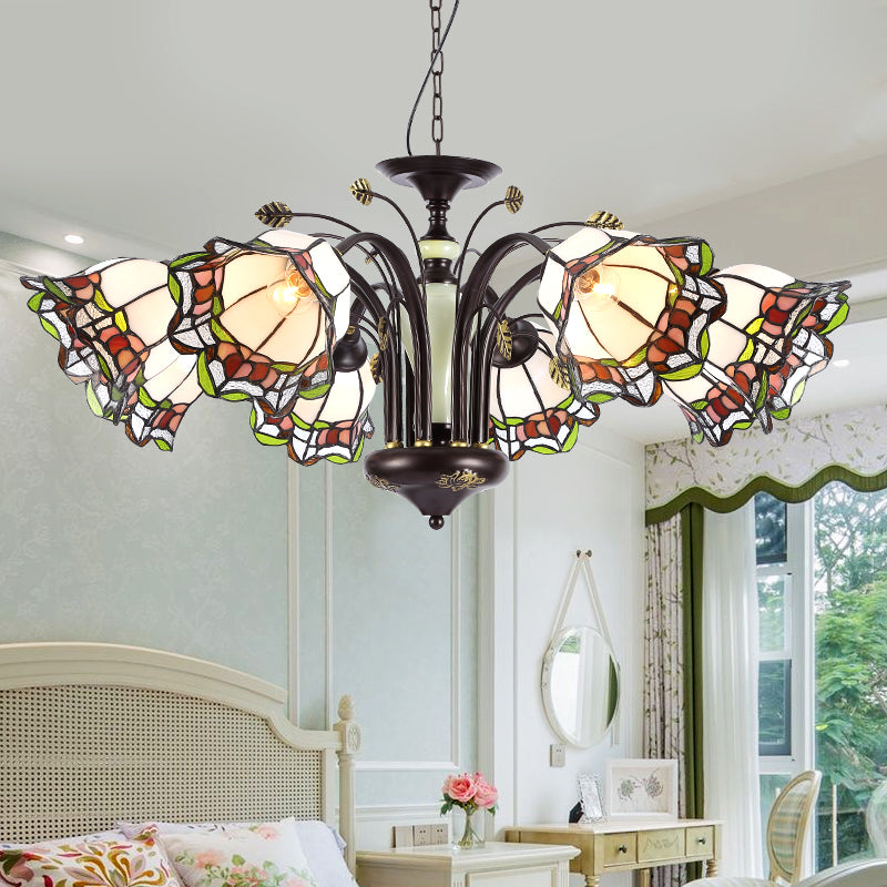Tiffany Style Art Glass Pendant Chandelier With Floral Design & Bronze Finish For Bedroom - 3/6/8