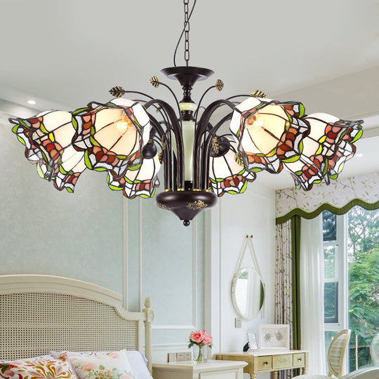 Tiffany Style Art Glass Pendant Chandelier With Floral Design & Bronze Finish For Bedroom - 3/6/8