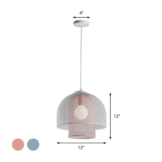 Contemporary Wire Mesh Pendant Lamp - Metallic 1 Light In White With Pink/Blue Hanging Design