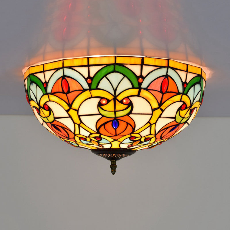 Baroque Bronze Stained Glass Dome Ceiling Lamp 3-Light Flush Mount For Kitchen