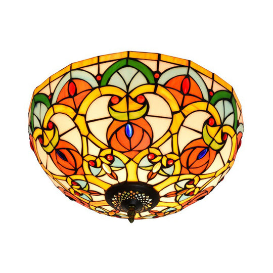 Baroque Bronze Stained Glass Dome Ceiling Lamp 3-Light Flush Mount For Kitchen