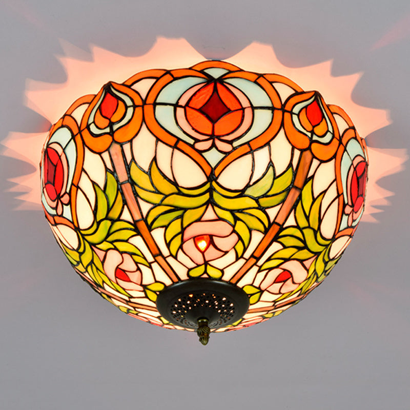 Victorian Glass Ceiling Flush Mount Light Fixture - Bowl Cut 2/3/5 Heads White/Green 12/16/19.5 Wide