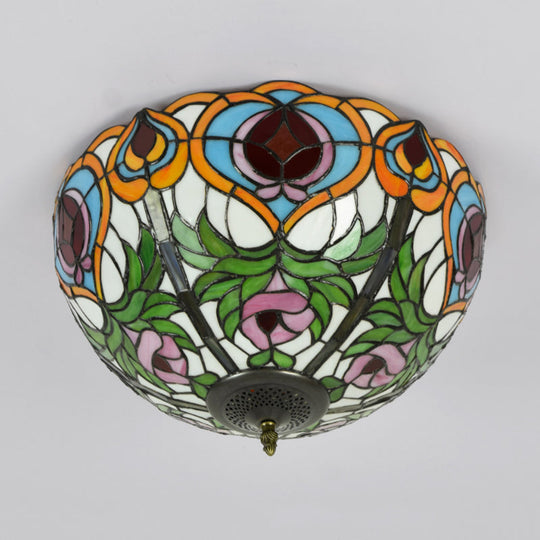 Victorian Glass Ceiling Flush Mount Light Fixture - Bowl Cut 2/3/5 Heads White/Green 12/16/19.5 Wide