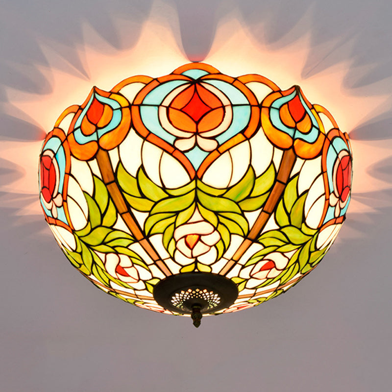 Victorian Glass Ceiling Flush Mount Light Fixture - Bowl Cut 2/3/5 Heads White/Green