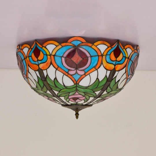 Victorian Glass Ceiling Flush Mount Light Fixture - Bowl Cut 2/3/5 Heads White/Green