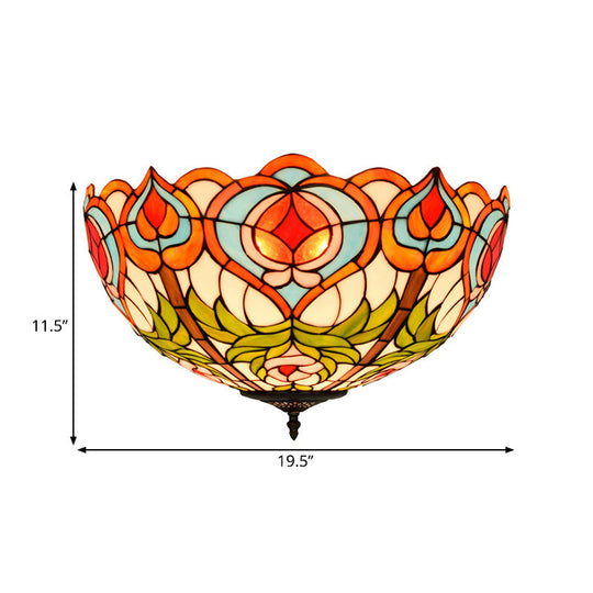 Victorian Glass Ceiling Flush Mount Light Fixture - Bowl Cut 2/3/5 Heads White/Green 12/16/19.5 Wide