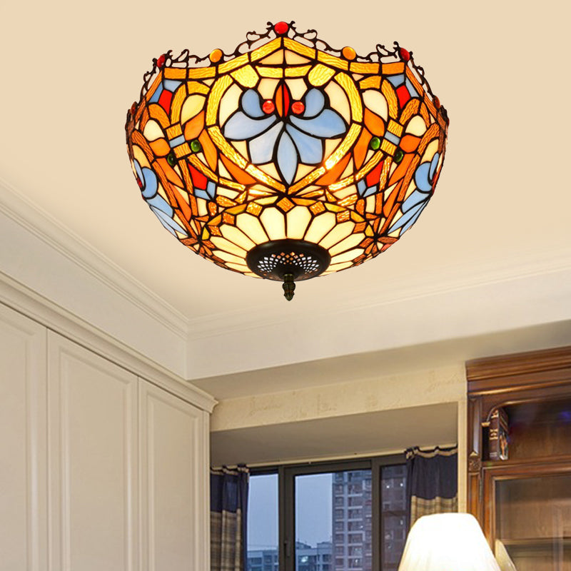 Blue Hand Cut Glass Ceiling Mount Light Scalloped Baroque Design 12’/16’ Width 2/3 Lights / 16’