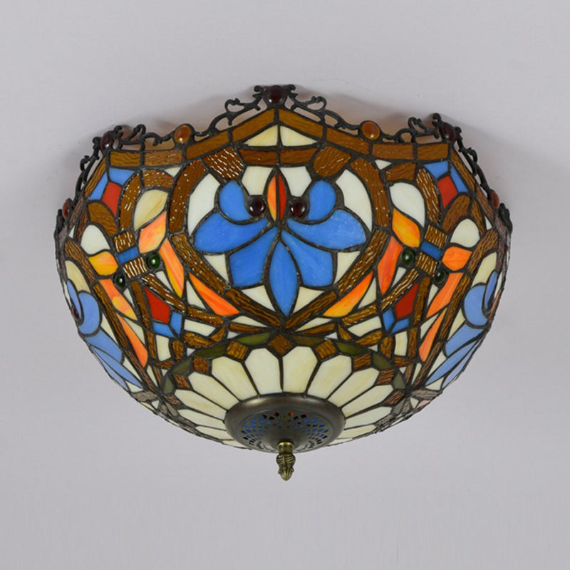 Blue Hand Cut Glass Ceiling Mount Light Scalloped Baroque Design 12’/16’ Width 2/3 Lights