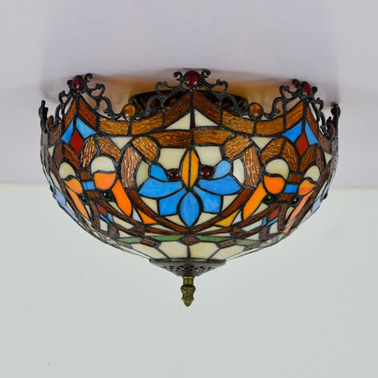 Blue Hand Cut Glass Ceiling Mount Light Scalloped Baroque Design 12’/16’ Width 2/3 Lights