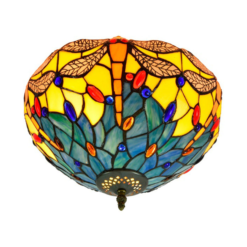 Tiffany Dragonfly Flush Mount - Handcrafted Stained Glass Ceiling Lamp With Brass Finish