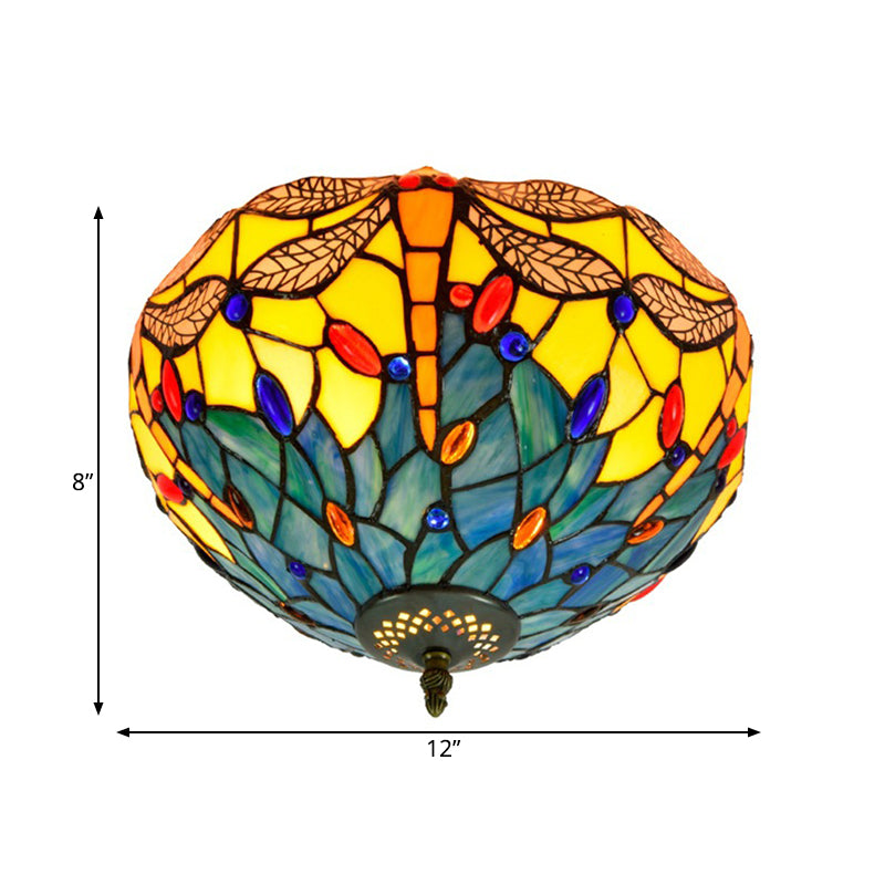 Tiffany Dragonfly Flush Mount - Handcrafted Stained Glass Ceiling Lamp With Brass Finish