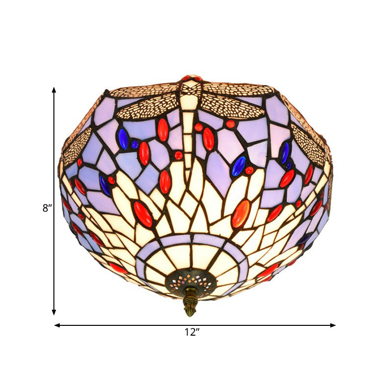 Tiffany Dragonfly Flush Mount - Handcrafted Stained Glass Ceiling Lamp With Brass Finish
