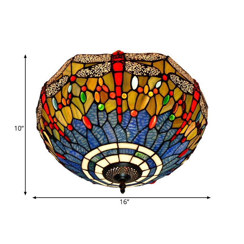 Tiffany Dragonfly Stained Glass Ceiling Lamp - Flush Mount Fixture In Red/Yellow/Orange Perfect For