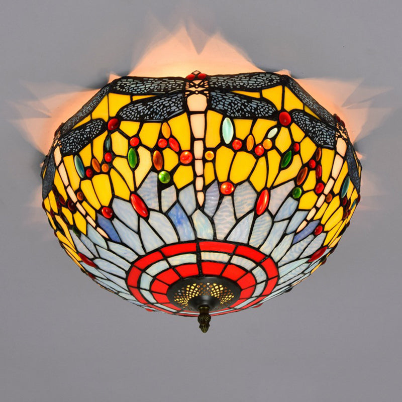 Tiffany Dragonfly Stained Glass Ceiling Lamp - Flush Mount Fixture In Red/Yellow/Orange Perfect For