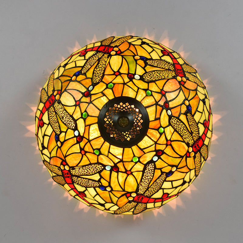 Tiffany - Style Dragonfly Cut Glass Ceiling Lamp - Bronze Flush Mount With 3 Heads Elegant Light