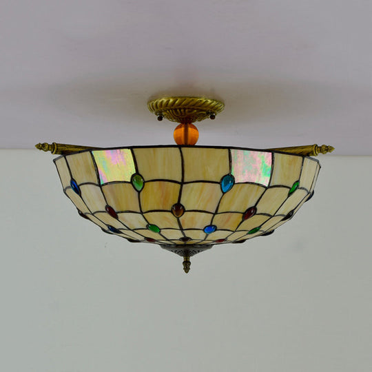 Tiffany Style Handcrafted Art Glass Ceiling Light Fixture - 5 Heads Semi Flush Mount Brass Finish