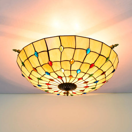 5-Head Tiffany Beaded Art Glass Ceiling Light Fixture In Brass Semi Flush Mount - 21.5/25.5 Width /
