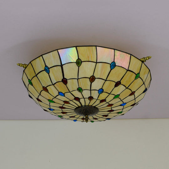 Tiffany Style Handcrafted Art Glass Ceiling Light Fixture - 5 Heads Semi Flush Mount Brass Finish