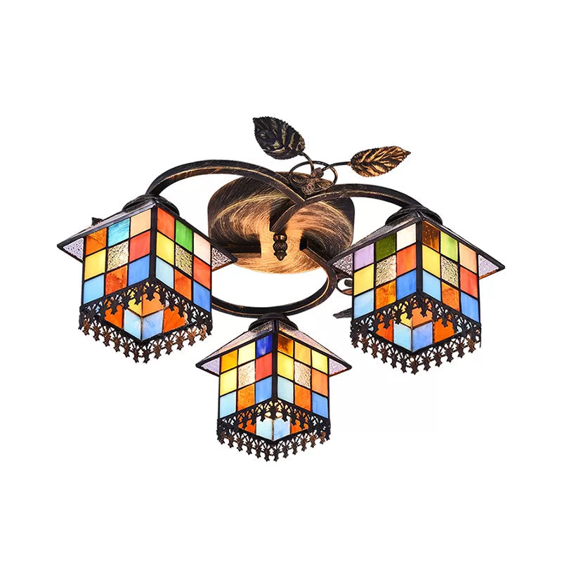 Antique Brass Stained Glass Ceiling Light - Cube Semi Flush Mount With Leaf Decoration Tiffany Style