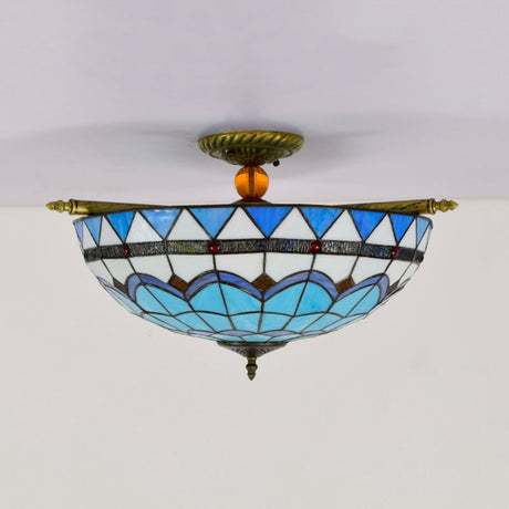 Handcrafted Baroque Dome Semi Flush Mount Stained Glass Ceiling Lamp - 5 Bulbs White/Blue 21.5/25.5