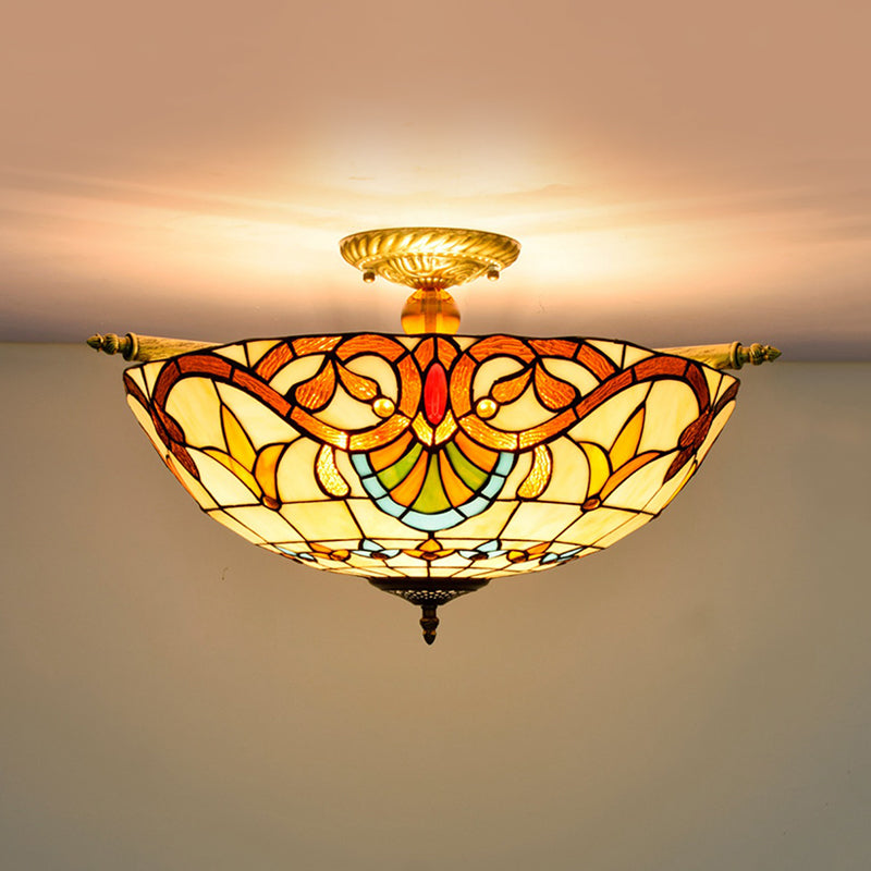 Handcrafted Baroque Dome Semi Flush Mount Stained Glass Ceiling Lamp - 5 Bulbs White/Blue 21.5/25.5