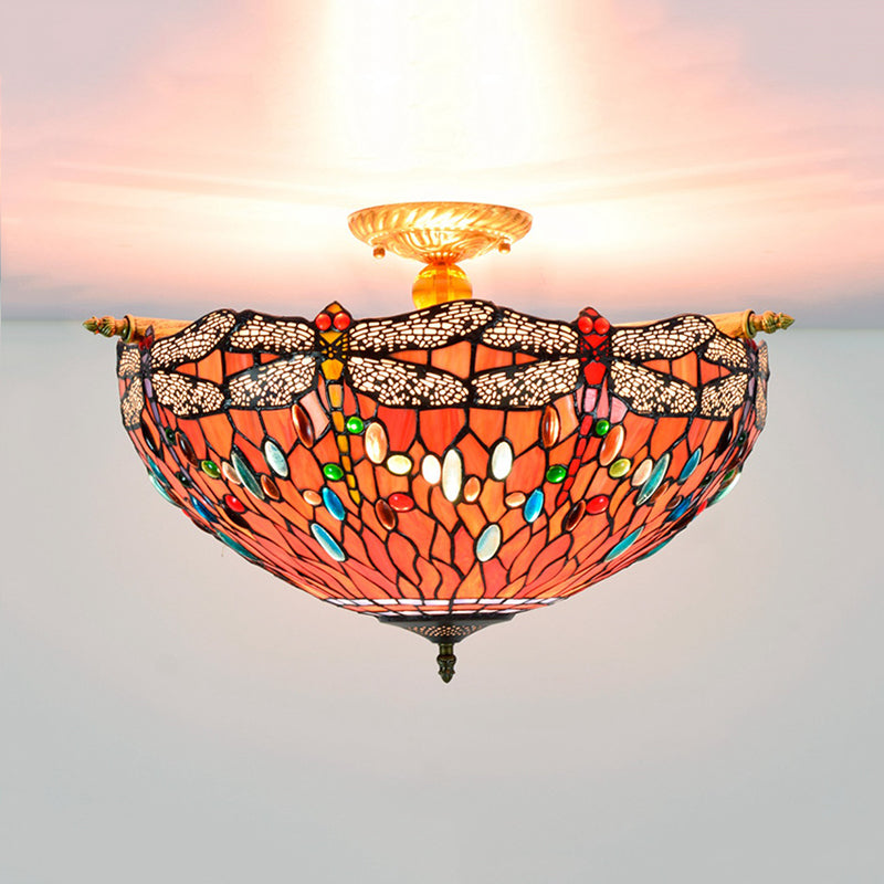 Tiffany - Style Dragonfly Stained Art Glass Ceiling Flush Mount With 5 Red/Blue Heads