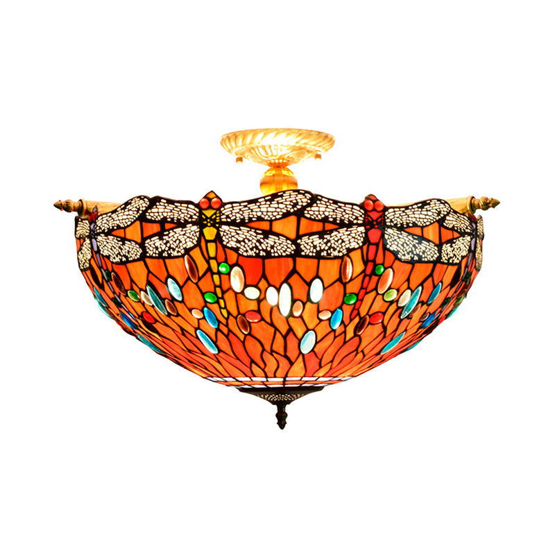Tiffany - Style Dragonfly Stained Art Glass Ceiling Flush Mount With 5 Red/Blue Heads