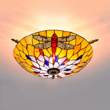 Tiffany Style Dragonfly Ceiling Fixture - Stained Glass 5-Light Semi Flush Mount Elegant Brass Décor