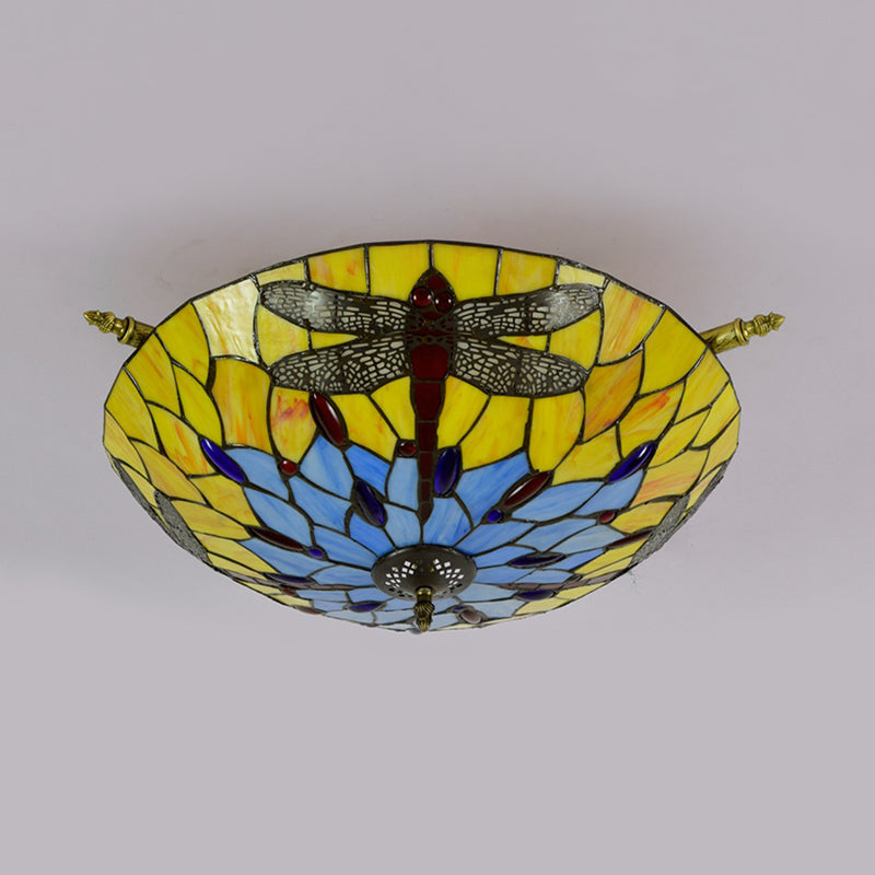 Tiffany Style Dragonfly Ceiling Fixture - Stained Glass 5 - Light Semi Flush Mount Elegant Brass