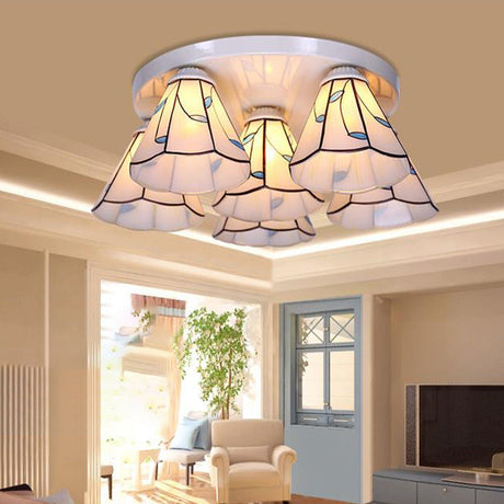 Blue Stained Glass Tiffany Ceiling Lamp For Living Room - Leaf/Stripes Flush Mount With 3/6 Lights 6