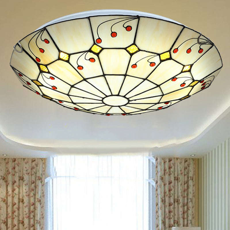 Tiffany Bowl Flush Light Fixture - Led Stained Glass Ceiling Mounted Lighting In Beige For Living