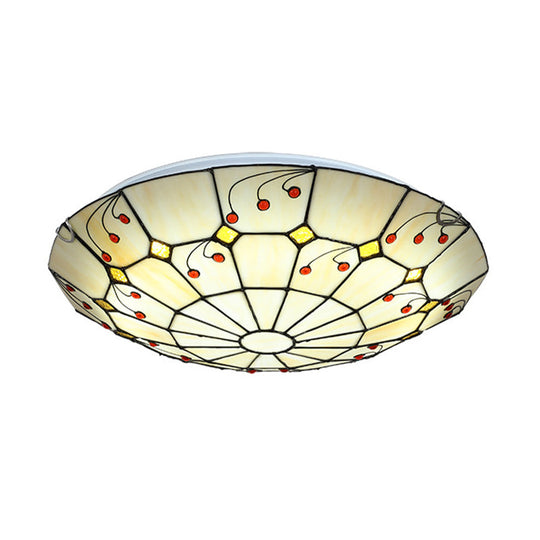 Tiffany Bowl Flush Light Fixture - Led Stained Glass Ceiling Mounted Lighting In Beige For Living