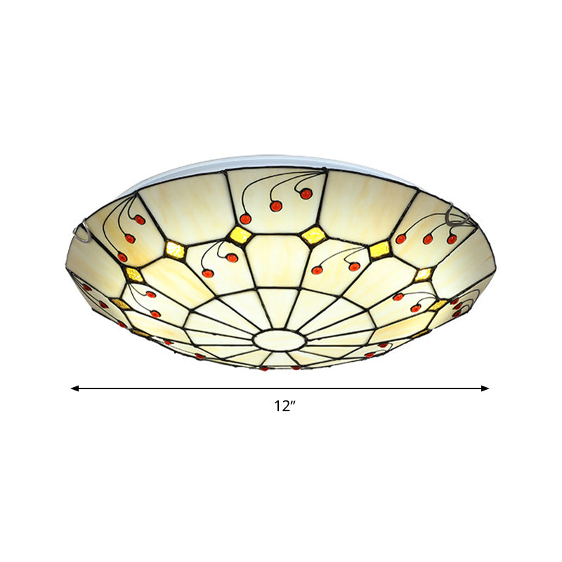 Tiffany Bowl Flush Light Fixture - Led Stained Glass Ceiling Mounted Lighting In Beige For Living